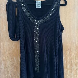 Vocal Black Cold Shoulder Sweater with Silver Accents